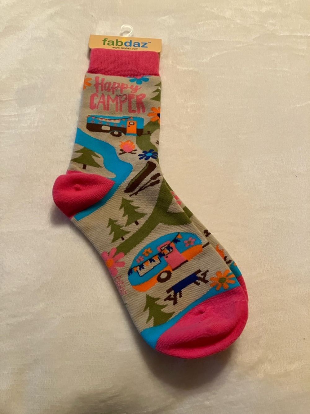 FabDaz "Happy Camper" Novelty Socks - Pink, Blue, Green